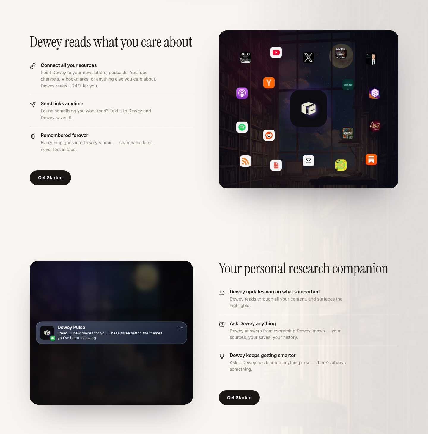 Follow sources, get Sends, Ask in chat — Dewey's Follow → Send → Ask loop