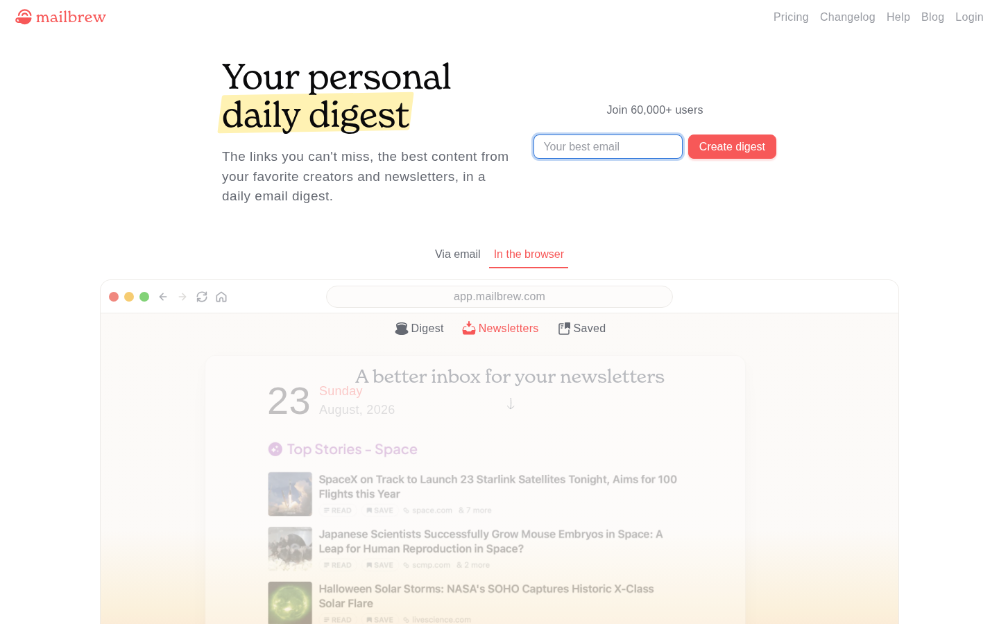 Mailbrew landing page showing email Brew builder