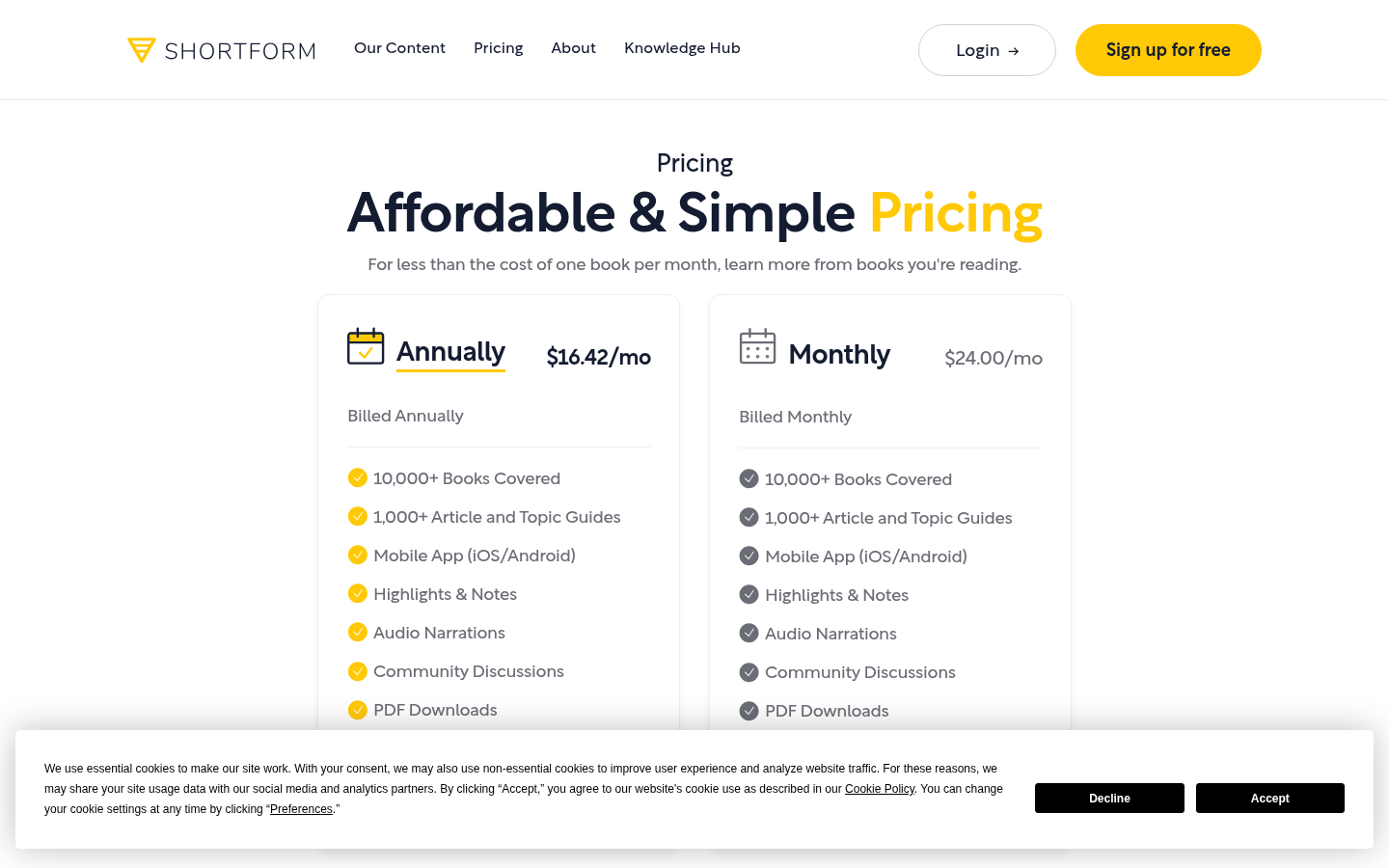 Shortform pricing showing Monthly and Annual plans